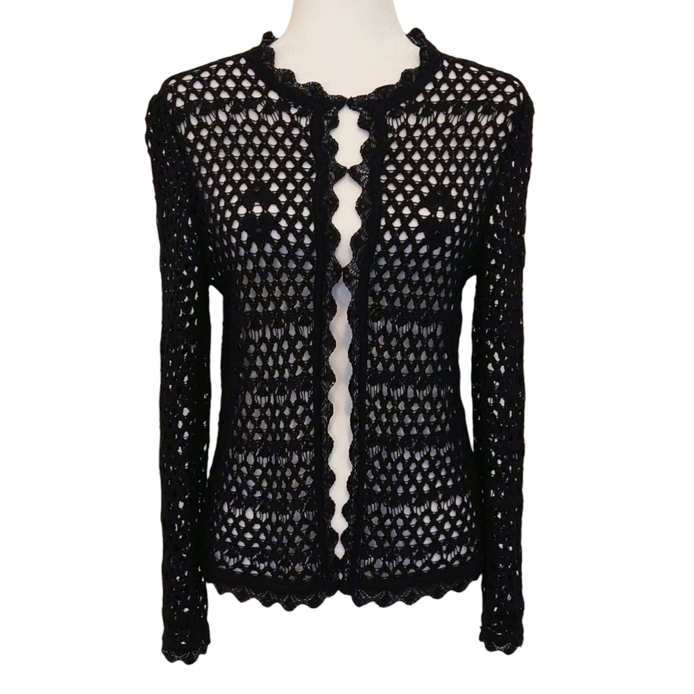 St. John Black Open Crochet Cardigan